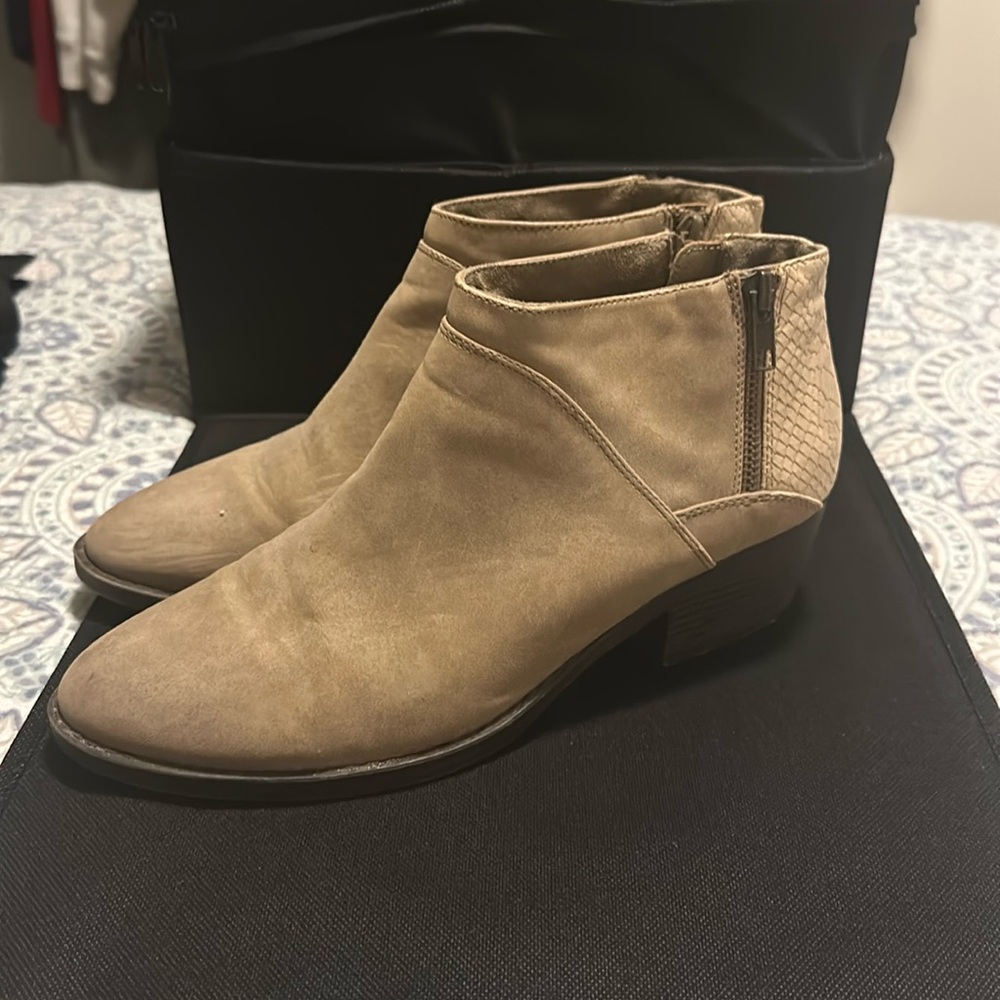 Tan suede ankle booties from StitchFix. Size 10. Snake print detail on heel.